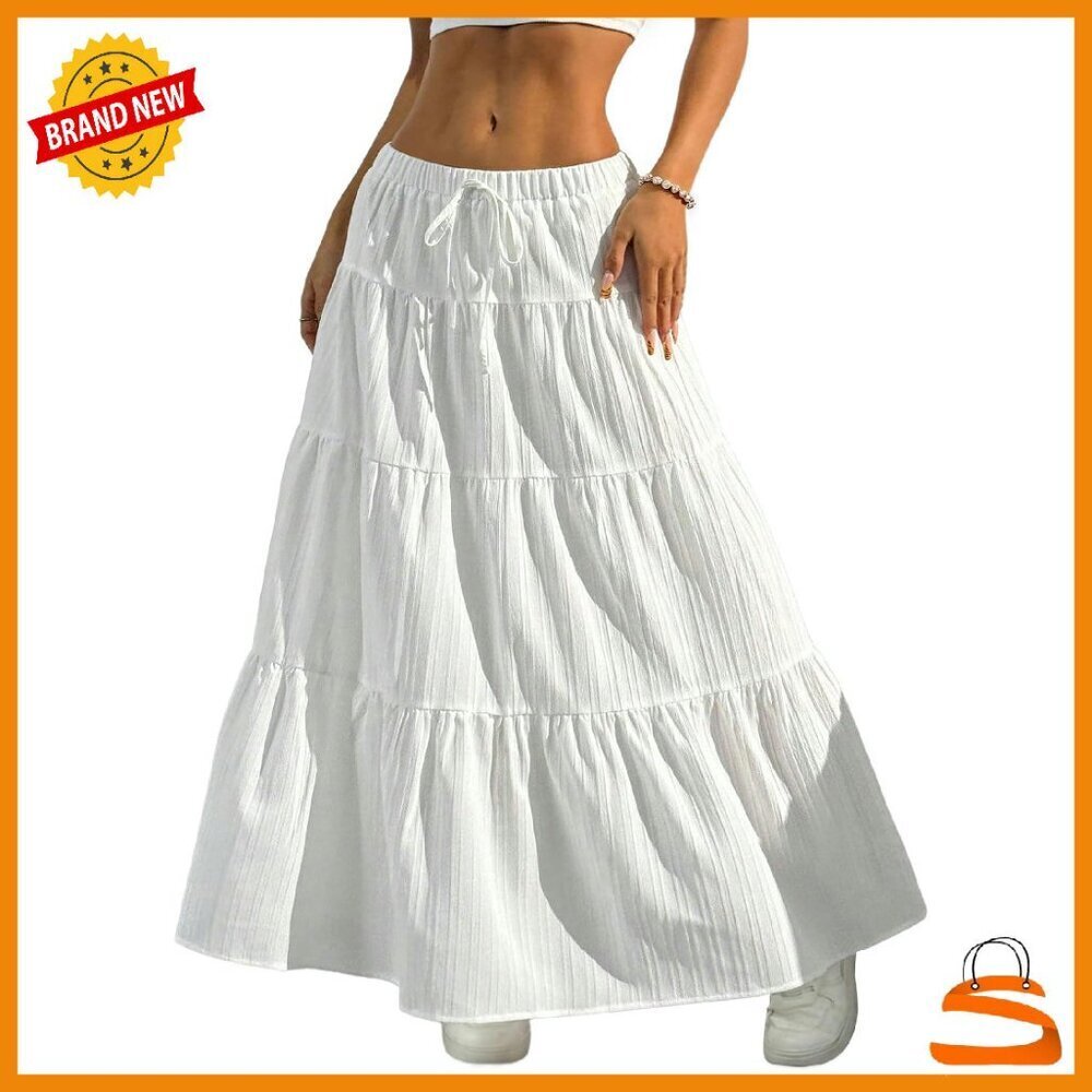 Boho Flowy Maxi Skirt Elastic Waist Tiered Ruffles A-Line Summer
